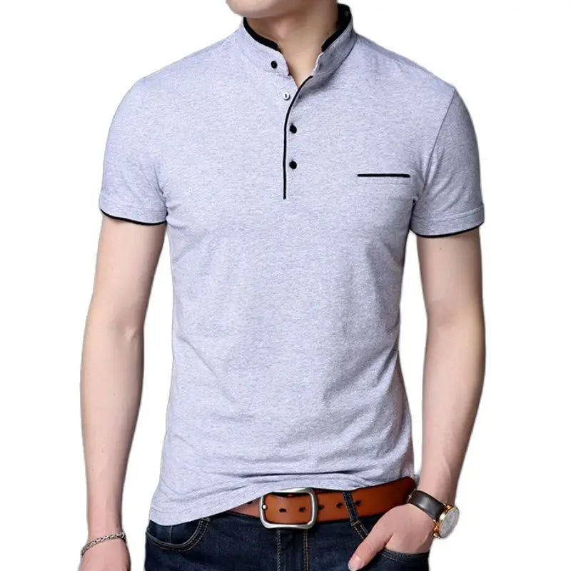 Short Sleeve Solid Stand Collar Men’s Slim Fit Cotton Polo Shirt