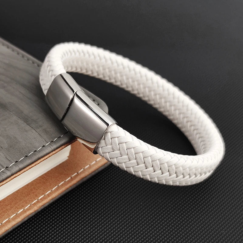 Men's White Braided Leather Bracelet with Stainless Steel Clasp