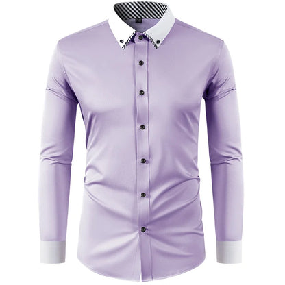 Men’s Slim Fit Elastic Shirt with Contrast Collar & Diamond Buckle