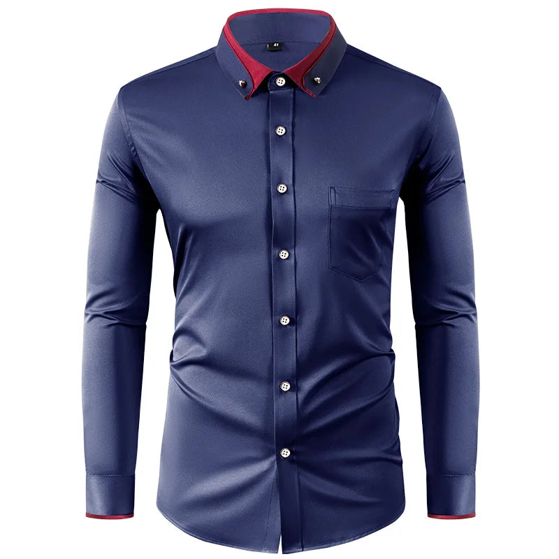 Men’s Slim Fit Elastic Shirt with Contrast Collar & Diamond Buckle