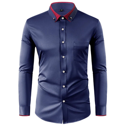 Men’s Slim Fit Elastic Shirt with Contrast Collar & Diamond Buckle