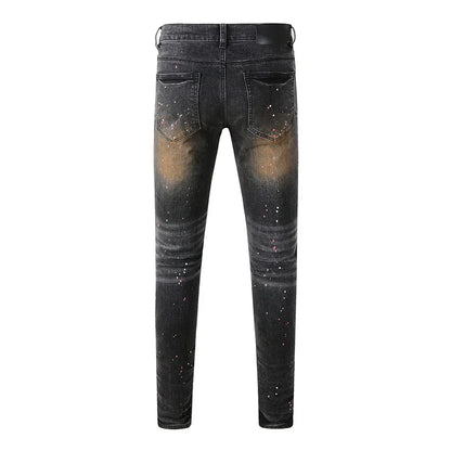 Dark Gray Spray Painted Style Men's Vintage Distressed Skinny Jeans