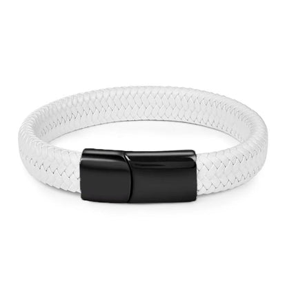 Men's White Braided Leather Bracelet with Stainless Steel Clasp