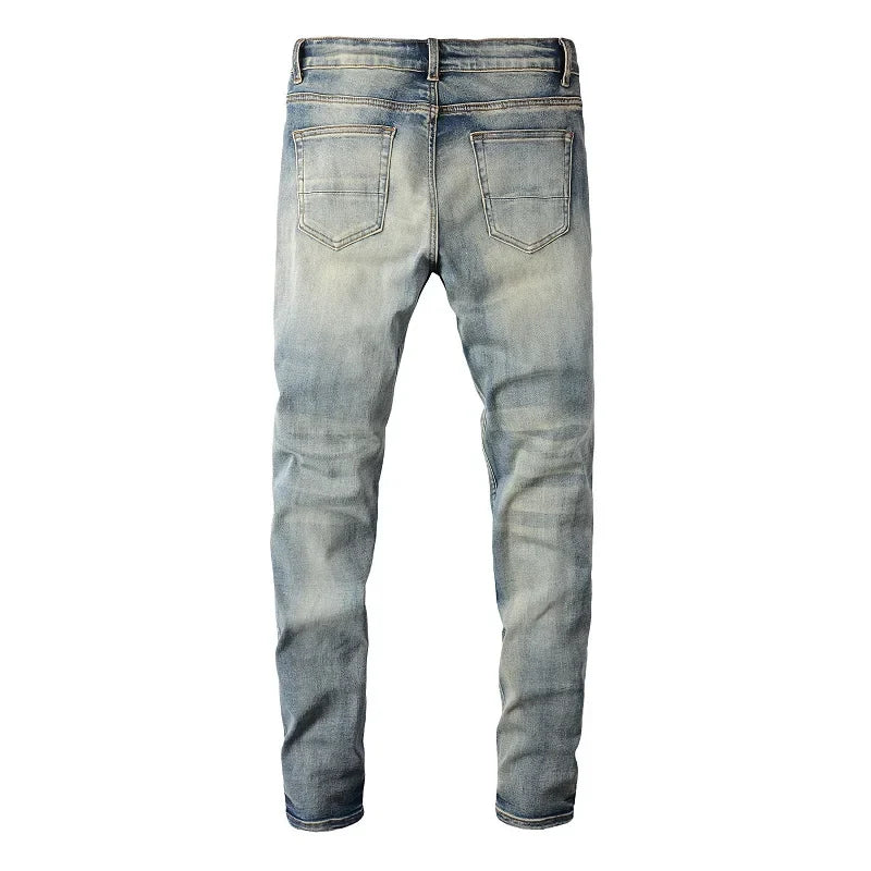 Skinny Streetwear Denim Men's Distressed Patchwork Biker Jeans