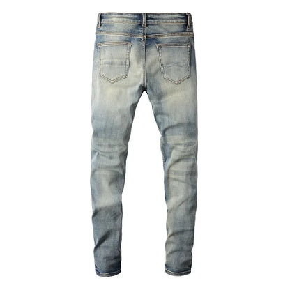 Skinny Streetwear Denim Men's Distressed Patchwork Biker Jeans