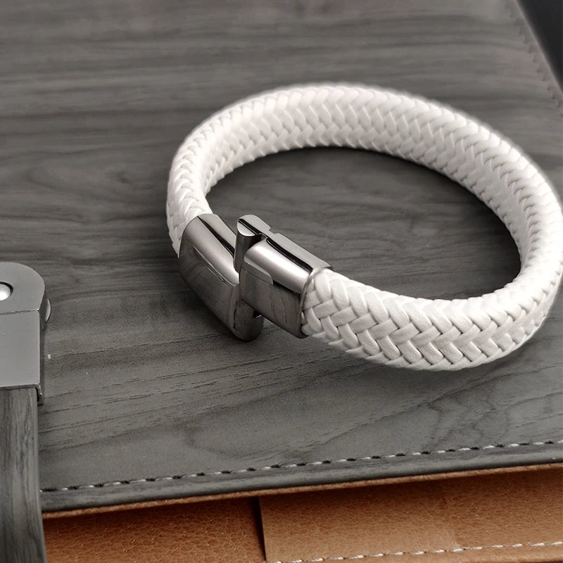 Men's White Braided Leather Bracelet with Stainless Steel Clasp