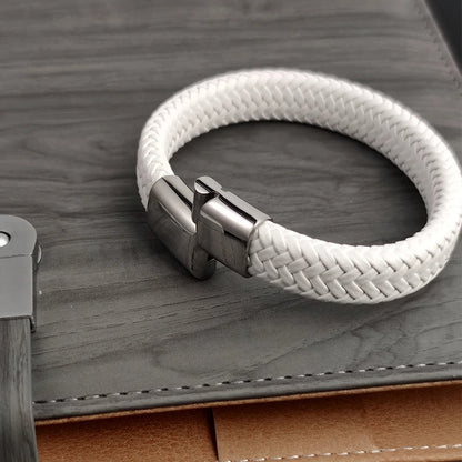 Men's White Braided Leather Bracelet with Stainless Steel Clasp