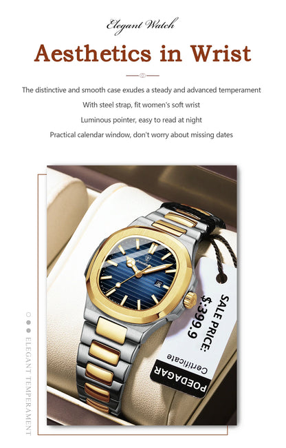 Stainless Steel Luxury Women’s Square Waterproof Watch