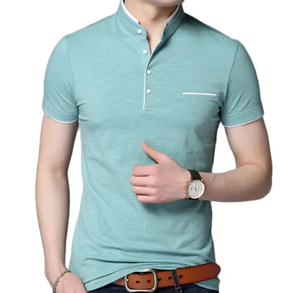 Short Sleeve Solid Stand Collar Men’s Slim Fit Cotton Polo Shirt