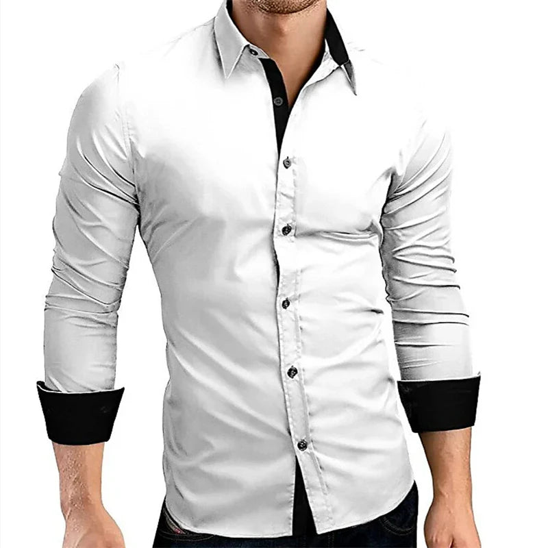 White dress shirt with black accents worn by a person on a white background