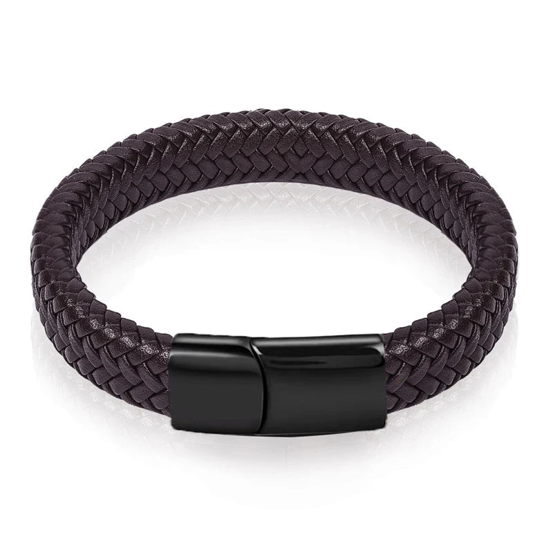 Men's White Braided Leather Bracelet with Stainless Steel Clasp
