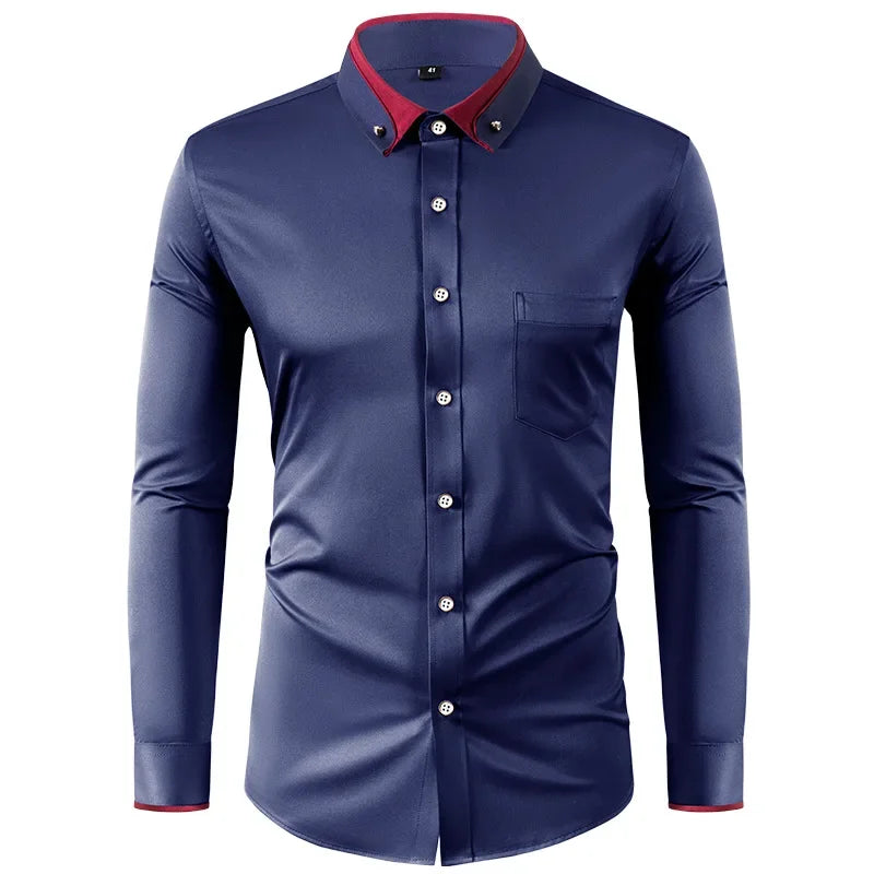 Men’s Slim Fit Elastic Shirt with Contrast Collar & Diamond Buckle