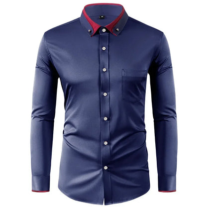 Men’s Slim Fit Elastic Shirt with Contrast Collar & Diamond Buckle