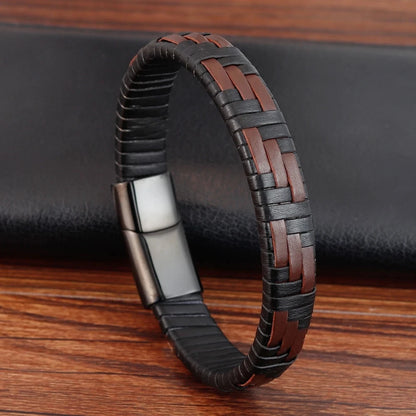 Men's Hand-Knitted Leather Bracelet with Magnetic Steel Clasp