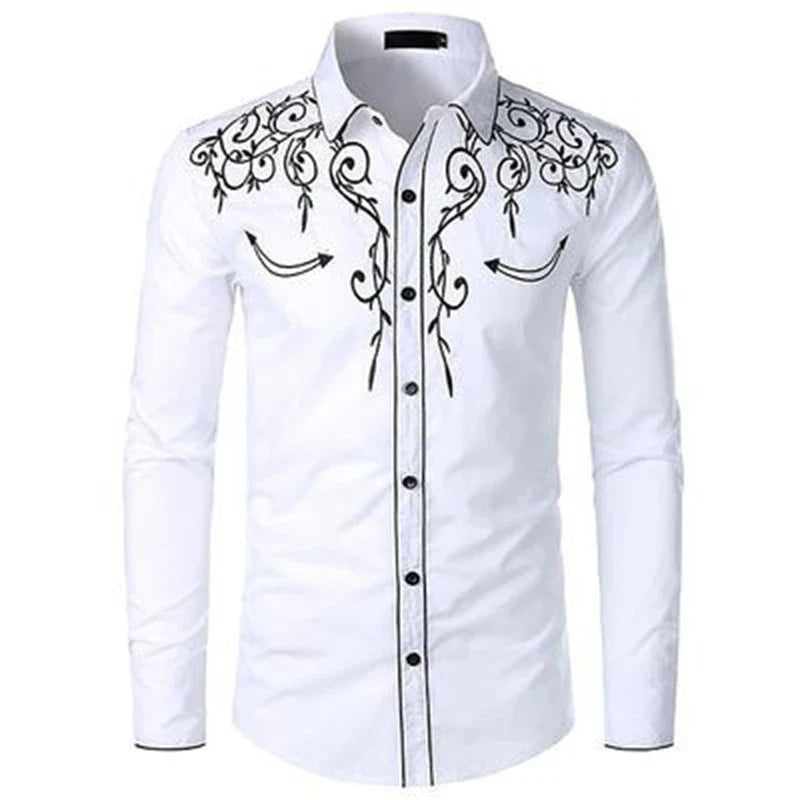 White shirt with black embroidery on a white background