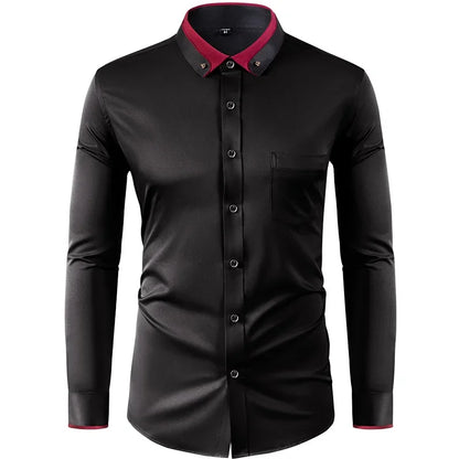 Men’s Slim Fit Elastic Shirt with Contrast Collar & Diamond Buckle