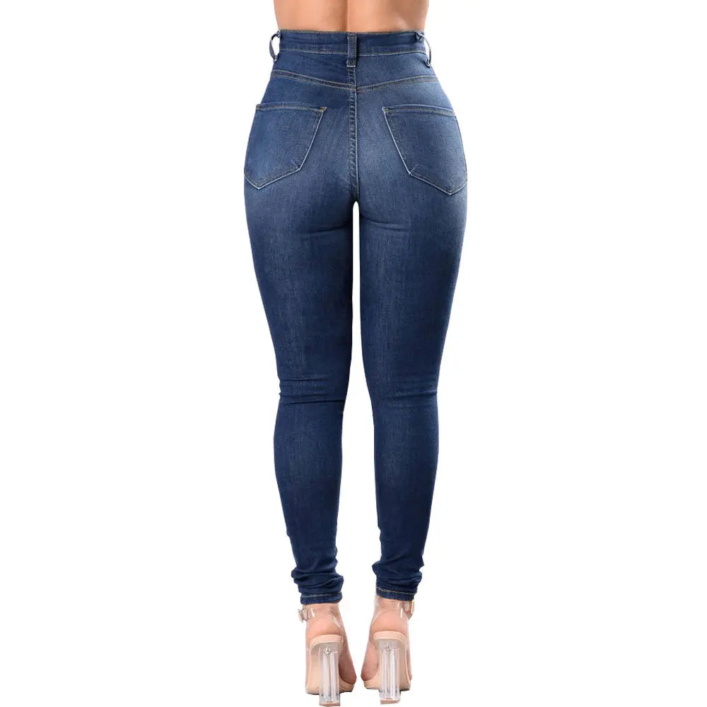 Dark Blue Denim Ripped High-Waist Skinny Jeans for Women