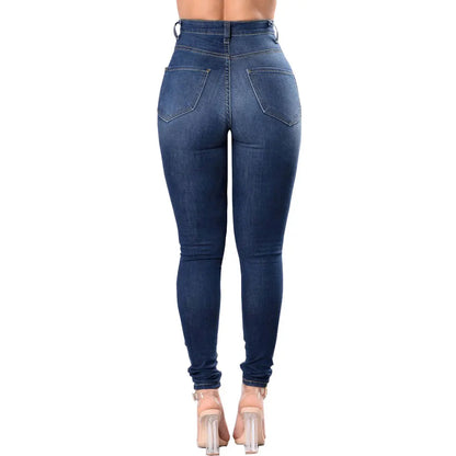 Dark Blue Denim Ripped High-Waist Skinny Jeans for Women