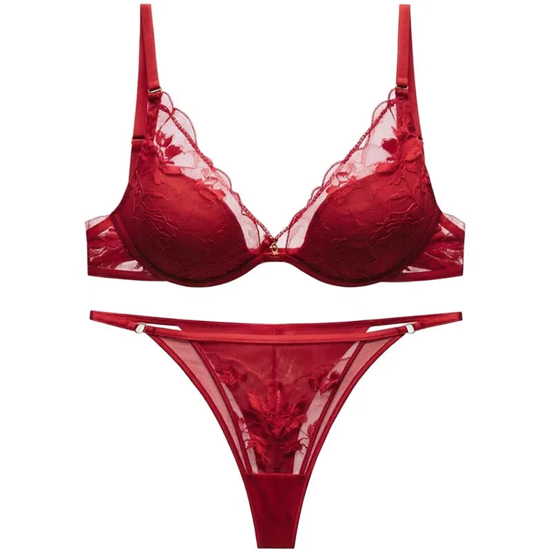 Elegant French Satin Lace Bra & Thong Lingerie Set for Women