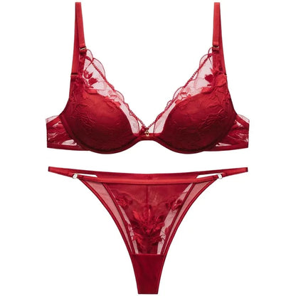 Elegant French Satin Lace Bra & Thong Lingerie Set for Women