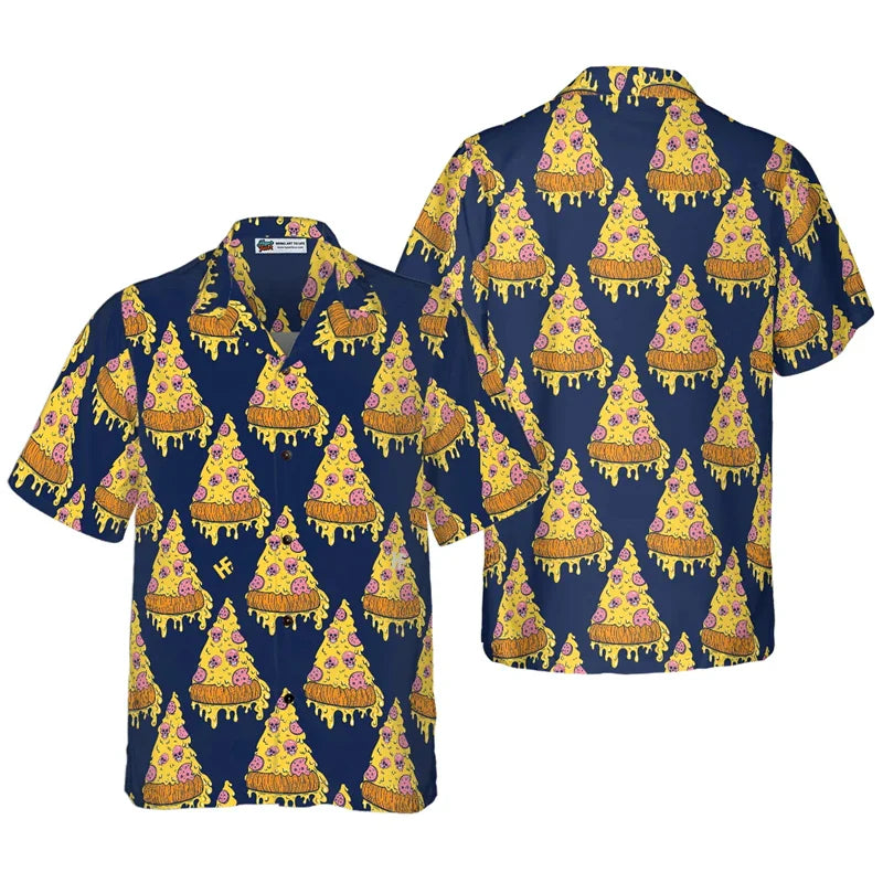 3D Pizza Print Hawaiian Unisex Beach Party Short Sleeve Shirt