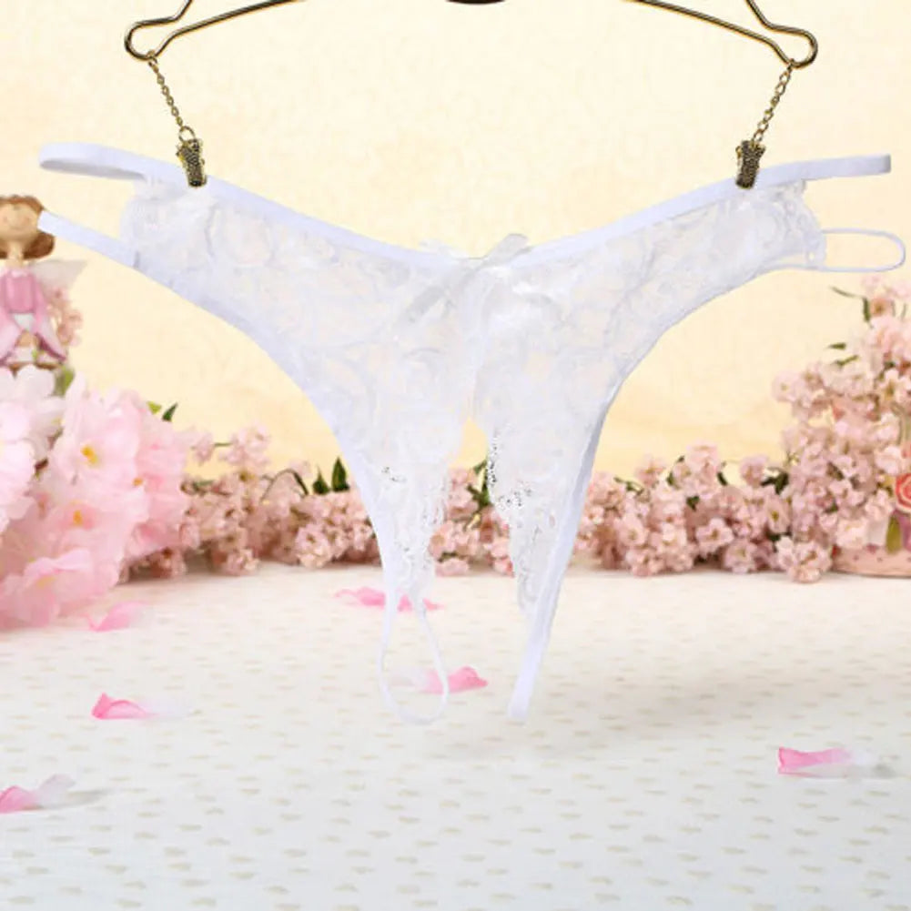 Midnight Lace Bow Open-Back Thong for Women