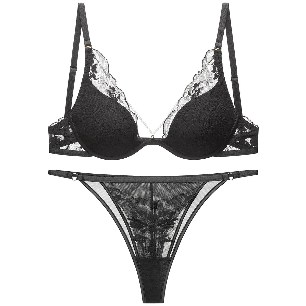 Elegant French Satin Lace Bra & Thong Lingerie Set for Women