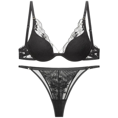 Elegant French Satin Lace Bra & Thong Lingerie Set for Women