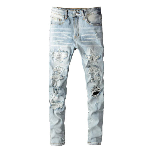 Light Blue Streetwear Denim Men’s Ripped Patchwork Skinny Jeans