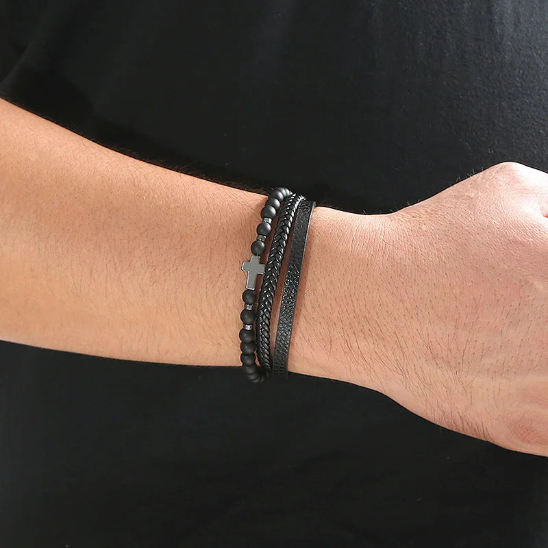 Men's Vintage Multi-Layer Leather Cross & Tiger Eye Bracelet