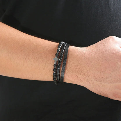 Men's Vintage Multi-Layer Leather Cross & Tiger Eye Bracelet