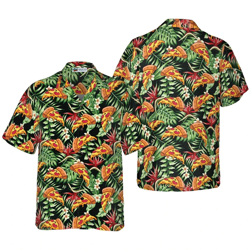 3D Pizza Print Hawaiian Unisex Beach Party Short Sleeve Shirt