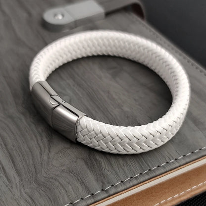 Men's White Braided Leather Bracelet with Stainless Steel Clasp