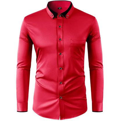 Men’s Slim Fit Elastic Shirt with Contrast Collar & Diamond Buckle