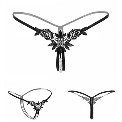 Midnight Lace Bow Open-Back Thong for Women