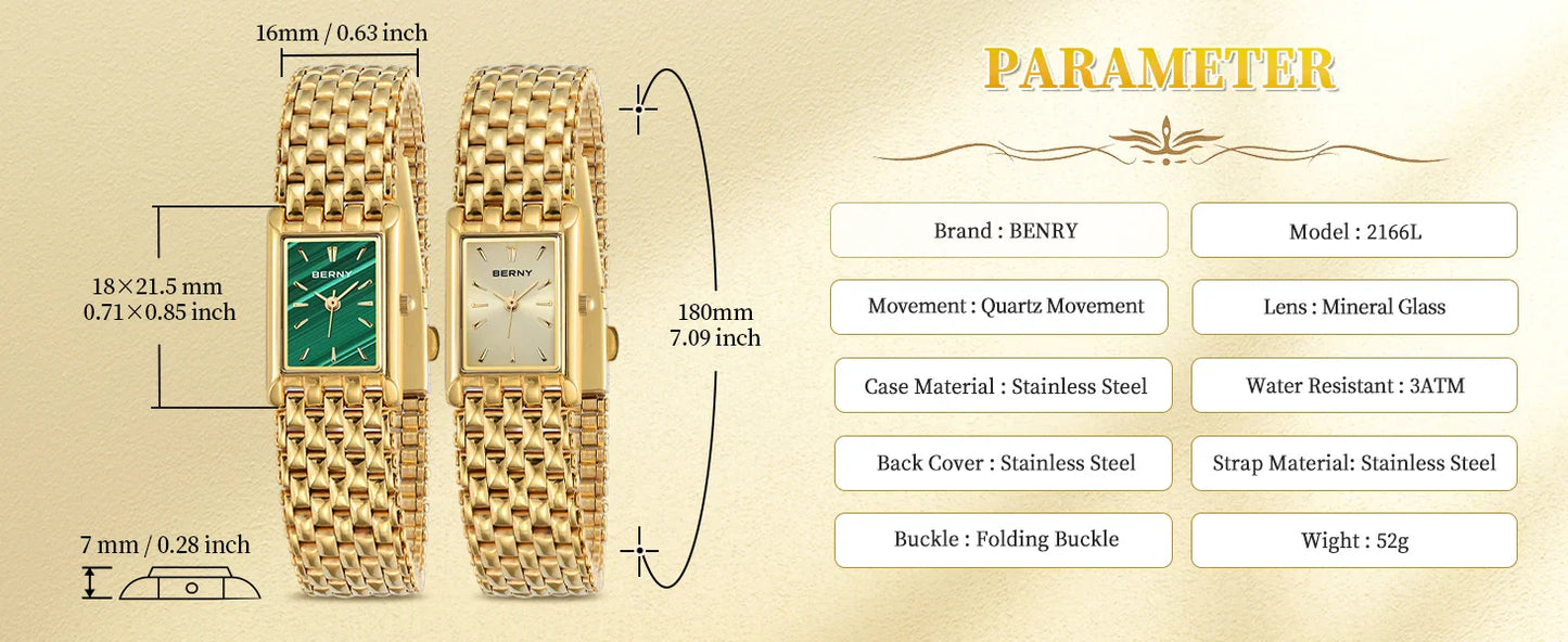 Luxury Stainless Steel BERNY Women’s Gold Square Quartz Watch