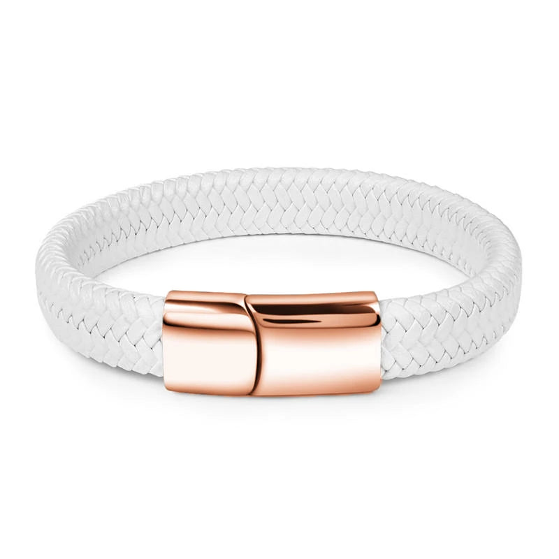 Men's White Braided Leather Bracelet with Stainless Steel Clasp