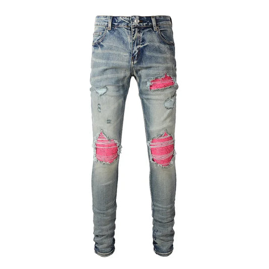 Skinny Streetwear Denim Men's Distressed Patchwork Biker Jeans