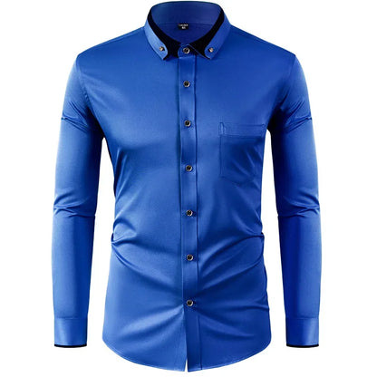 Men’s Slim Fit Elastic Shirt with Contrast Collar & Diamond Buckle