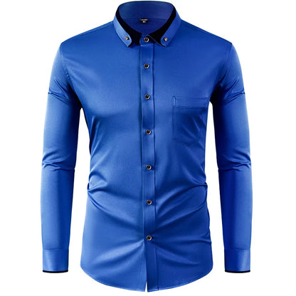 Men’s Slim Fit Elastic Shirt with Contrast Collar & Diamond Buckle