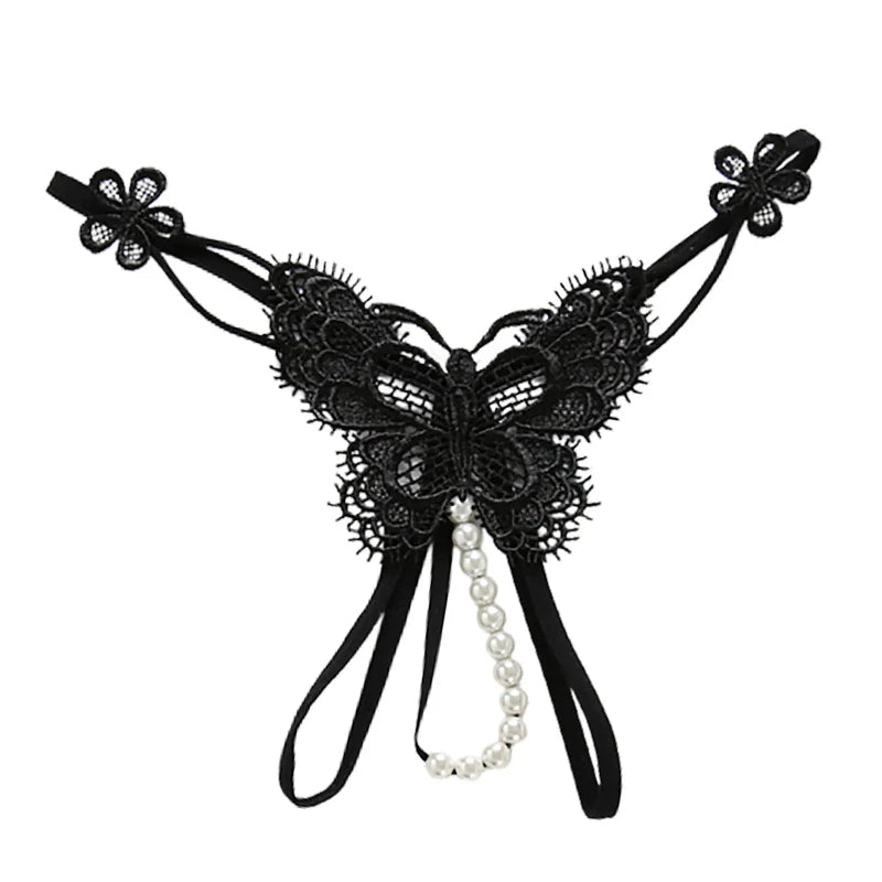 Noir Butterfly Pearl-Accent Lace G-String for Women