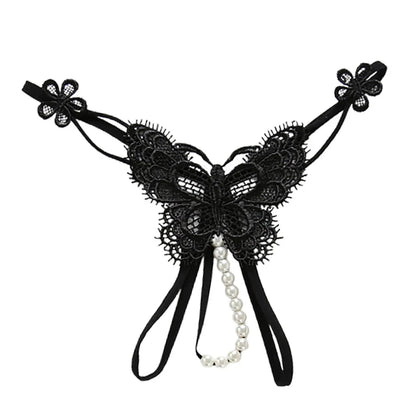 Noir Butterfly Pearl-Accent Lace G-String for Women