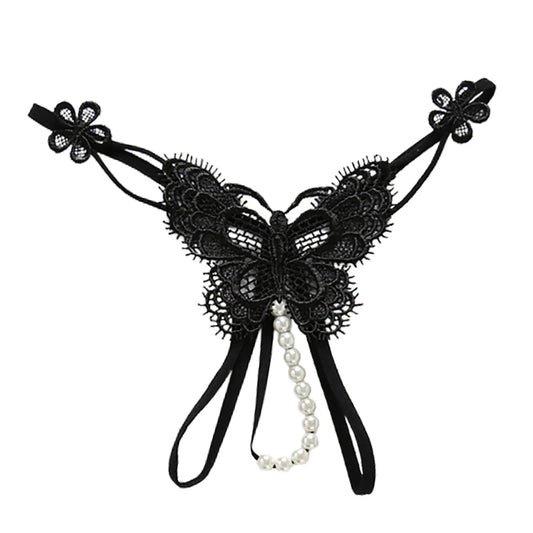 Black lace butterfly garter belt with a dangling pearl bead chain