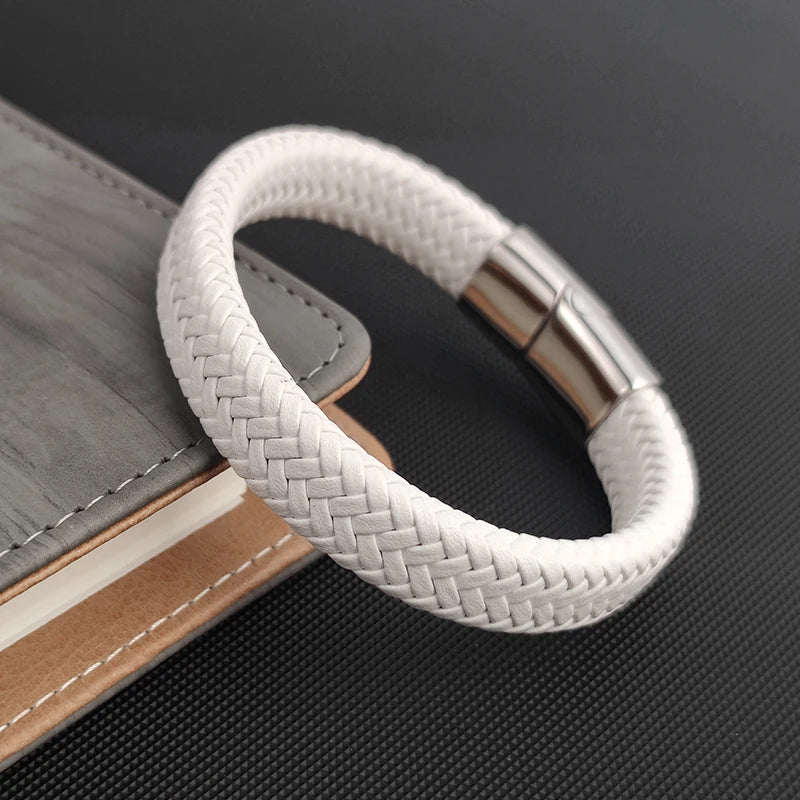 Men's White Braided Leather Bracelet with Stainless Steel Clasp