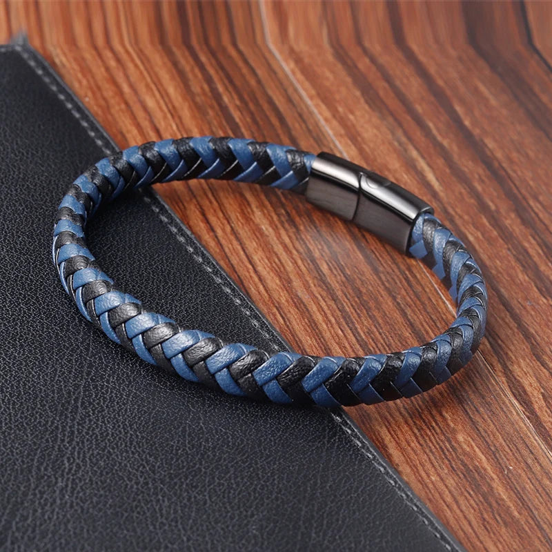 Men's Hand-Braided Leather Bracelet with Stainless Steel Magnetic Clasp