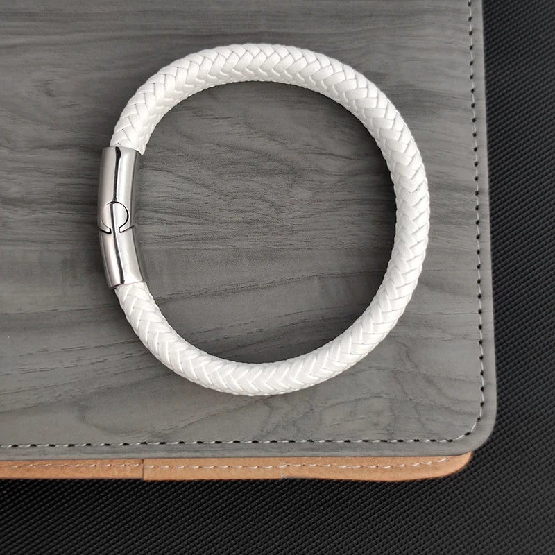 Men's White Braided Leather Bracelet with Stainless Steel Clasp