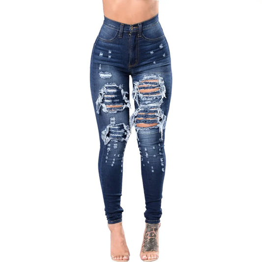 Dark Blue Denim Ripped High-Waist Skinny Jeans for Women
