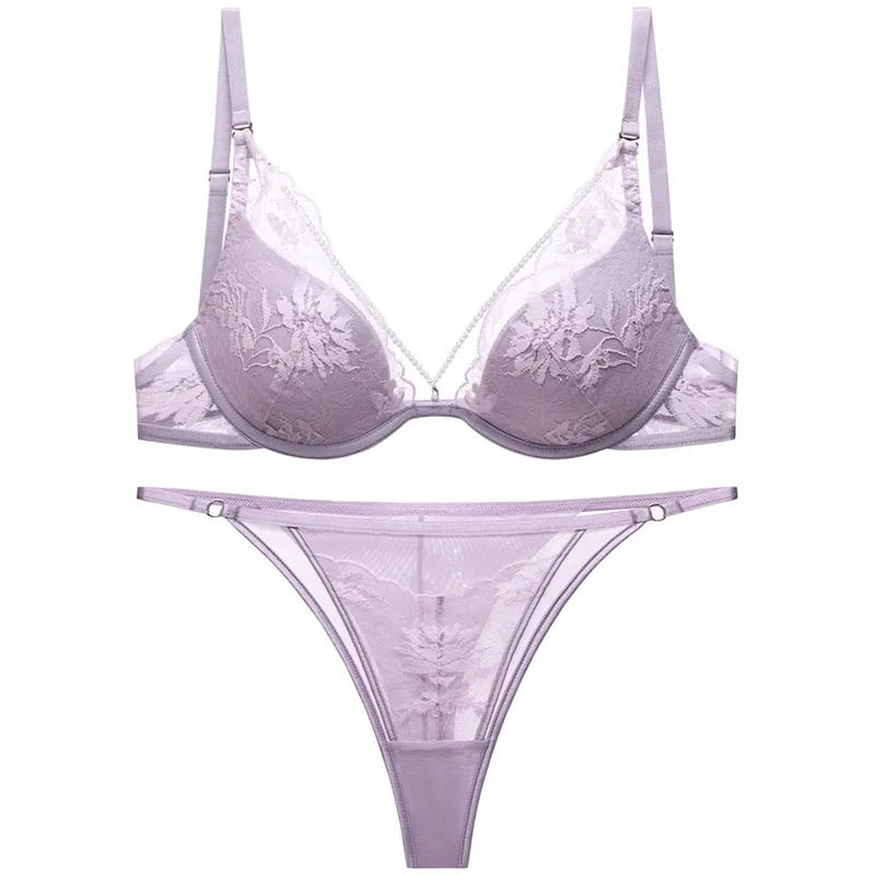 Elegant French Satin Lace Bra & Thong Lingerie Set for Women