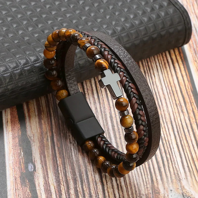 Men's Vintage Multi-Layer Leather Cross & Tiger Eye Bracelet