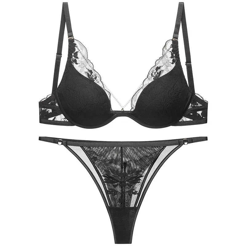 Elegant French Satin Lace Bra & Thong Lingerie Set for Women